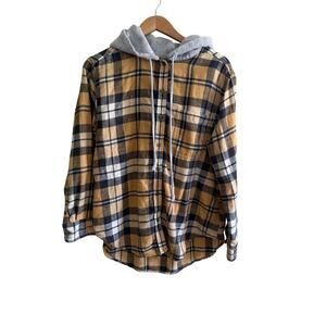 American Eagle Y2K Plaid Flannel Hoodie Shirt Mustard Black Gray Medium